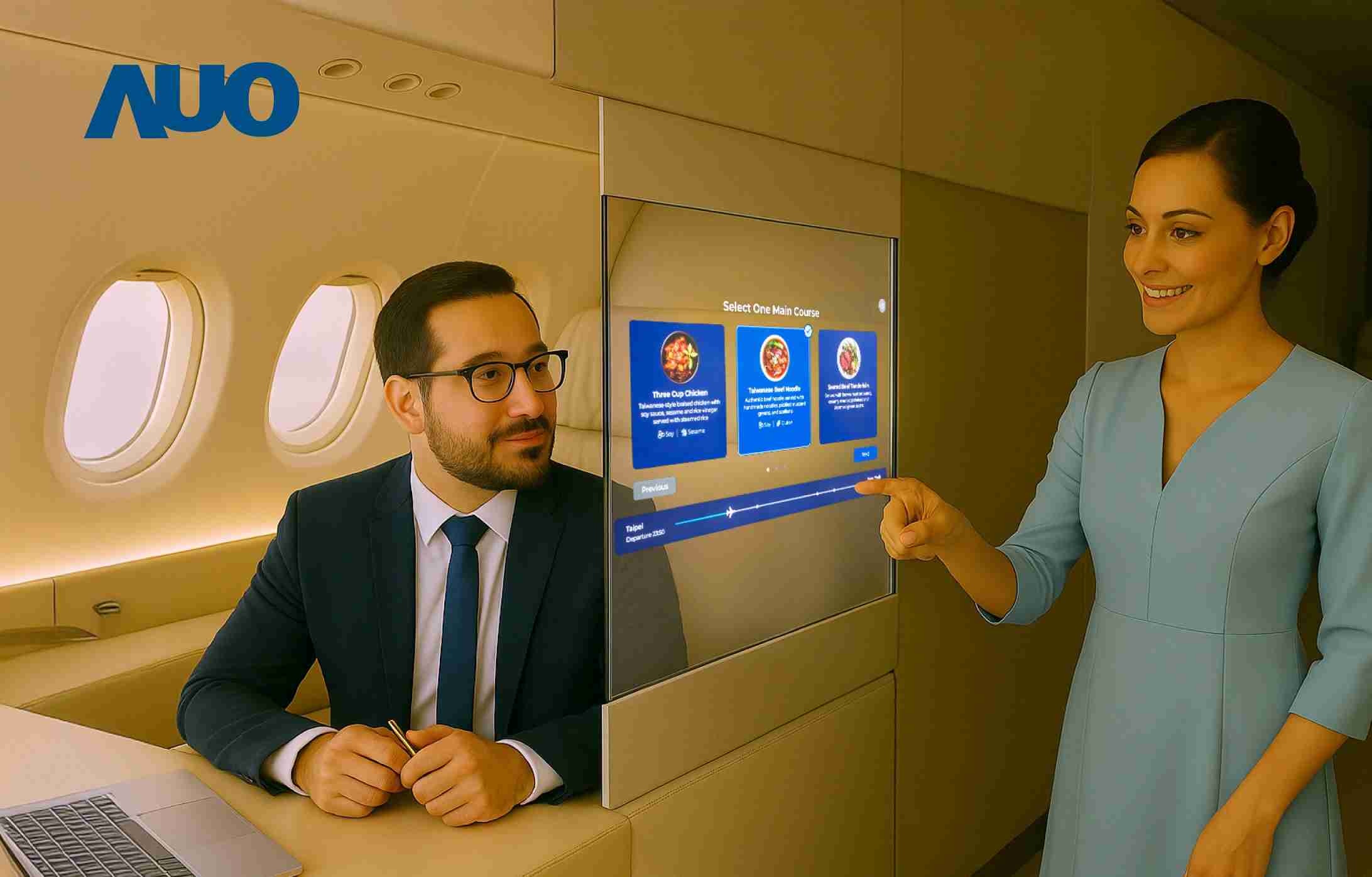 壹号平台研发全球最薄17.3 吋双面透明 Micro LED 显示器，，，可在同一屏幕之双边投射不同信息，，，创造独特的”透明化”互动；图为实时翻译交流应用情境